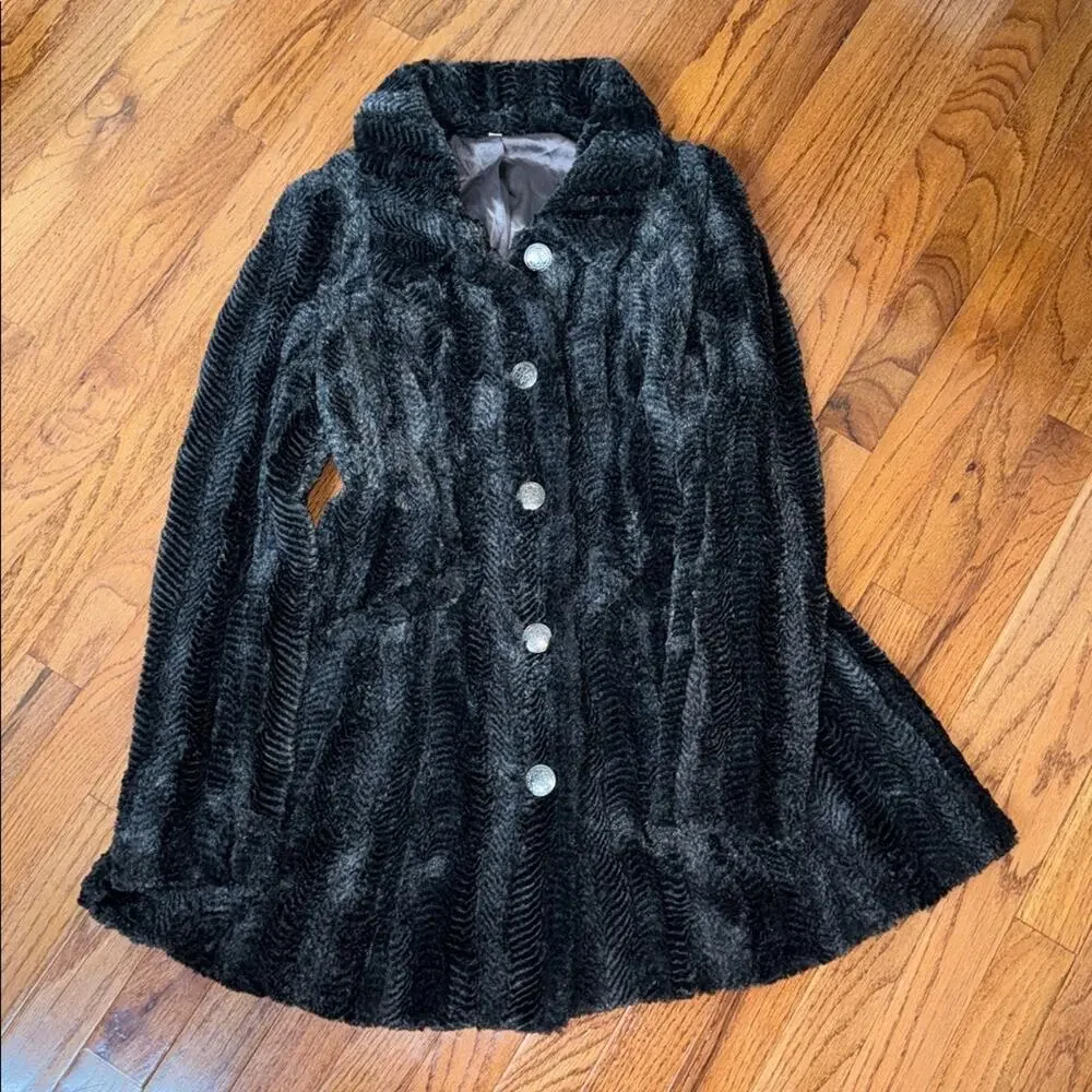 Free People Faux Fur Herringbone Swing Pea Coat Gray Black Rare Size 4